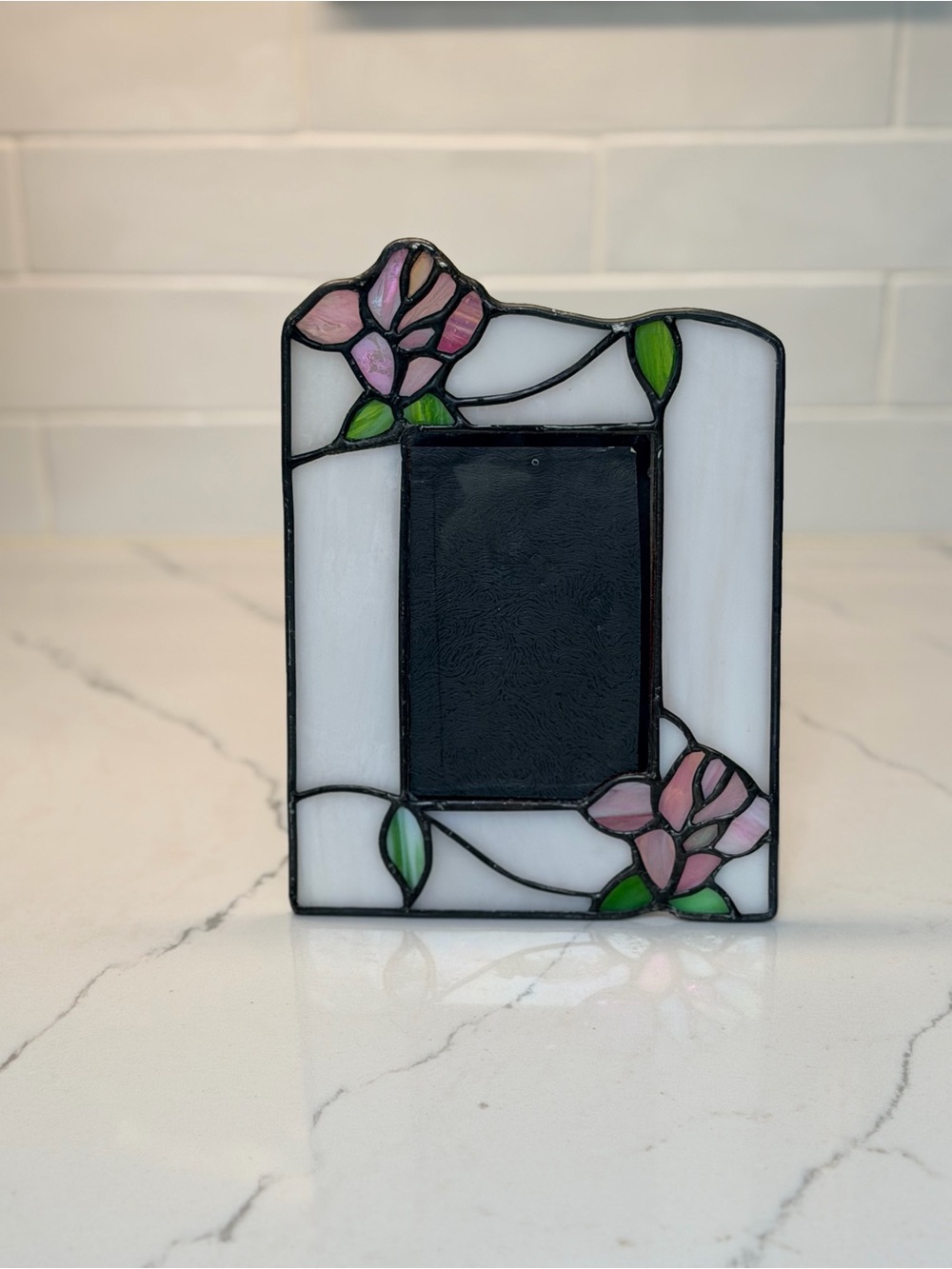 Vintage Pink and White Stained Glass Floral Picture Frame